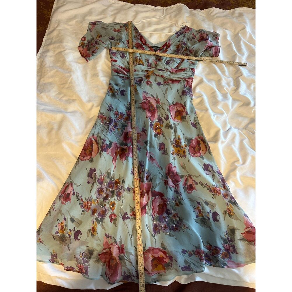 Adrianna Papell 100% Silk Floral Midi Dress Blue Flutter Sleeve Women's 8 - Picture 11 of 11